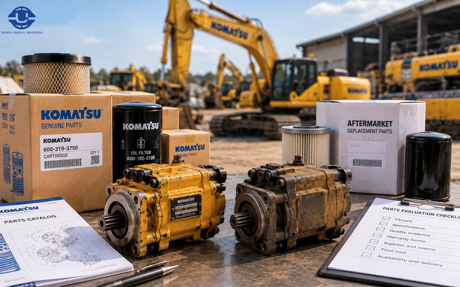 Heavy equipment replacement components and labeled parts packaging arranged for spare parts evaluation.